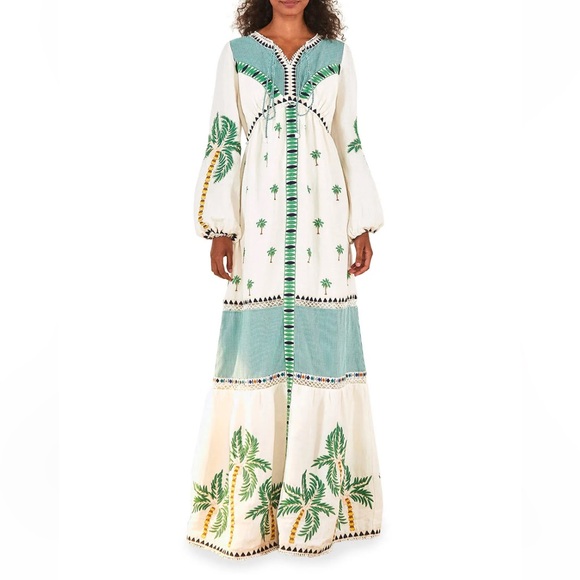 Farm Rio Palm Tree Embroidered Long Sleeve Dress